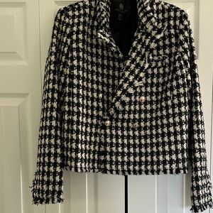 House of Harlow 1960 Black & White Tweed Double-Breasted Cropped Blazer